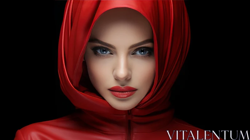 Red Hijab Woman with Blue Eyes - Close-up Portrait AI Image