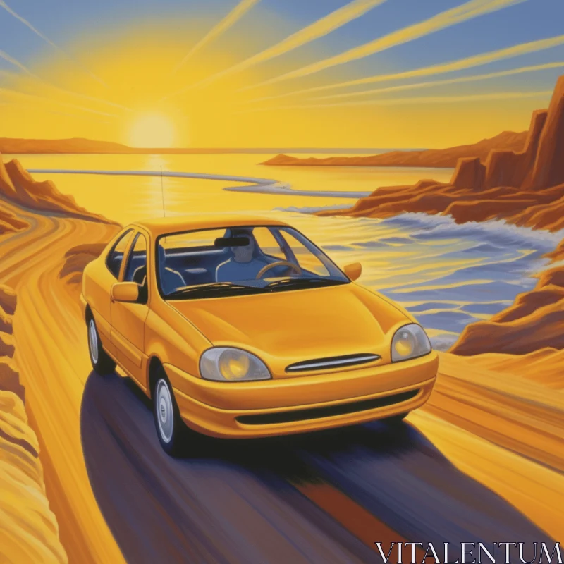 Small Yellow Car Driving Along the Ocean | Tonalist Seascape Art