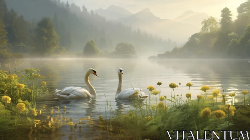 AI ART Tranquil Mountain Lake Scene with Swans and Yellow Flowers