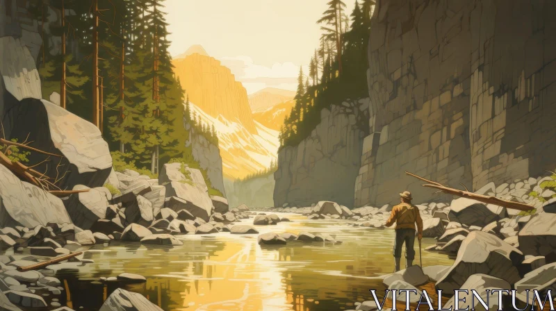 AI ART Tranquil Mountain River Landscape Painting