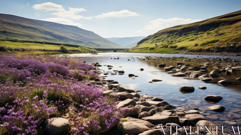 Tranquil River Landscape with Green Hills and Flowers AI Image