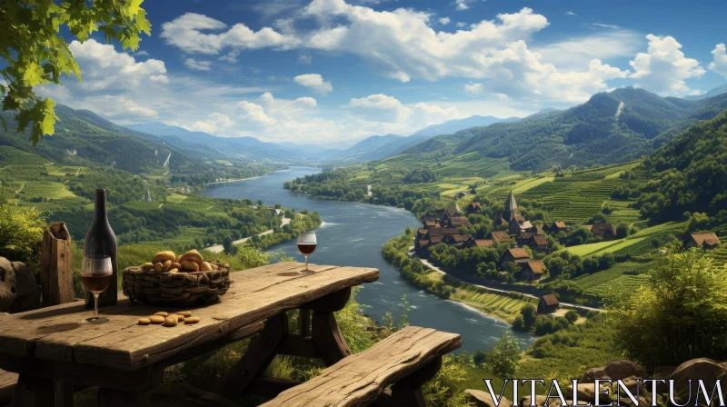 AI ART Tranquil River Landscape with Wine and Village View