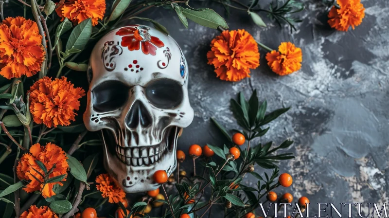 Vibrant Still Life: Colorful Skull with Marigolds AI Image