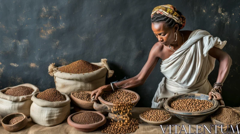 African Woman in Traditional Clothing Surrounded by Beans AI Image