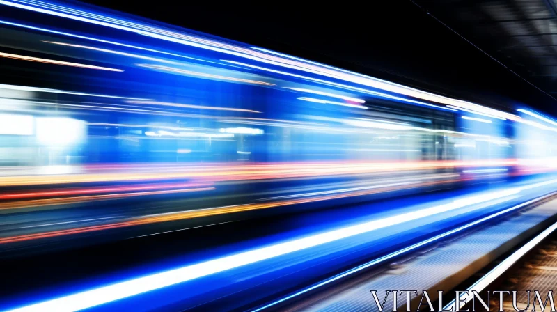 Blue and White Train in Motion at Station AI Image