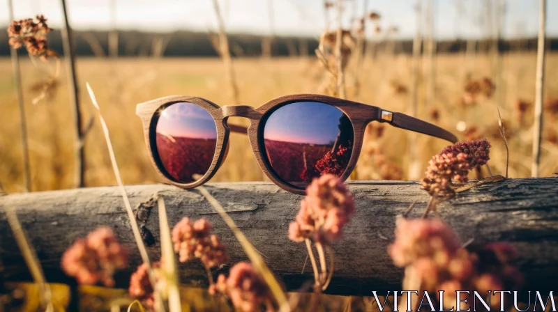 AI ART Brown Wooden Sunglasses in Field with Sun Reflection
