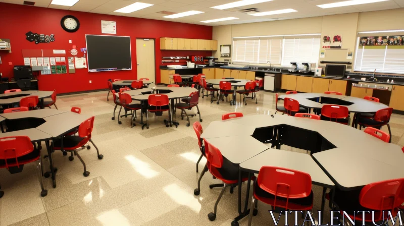 Captivating Classroom: Vibrant Red Chairs and Round Tables AI Image