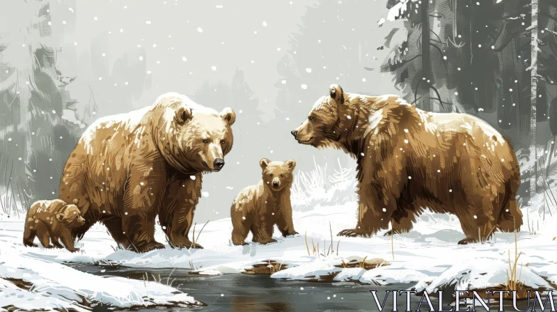 Enchanting Family of Bears Painting in Snowy Forest AI Image