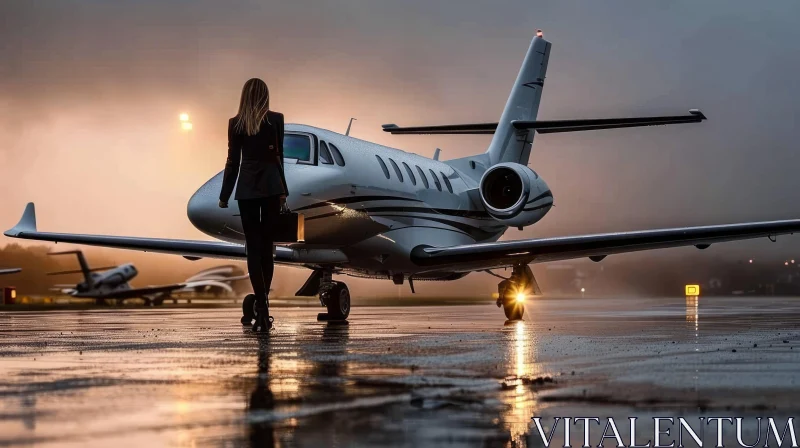 Enigmatic Business Woman Walking Towards Private Jet at Sunset AI Image