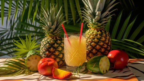 Glass of Pineapple Juice with Tropical Fruits