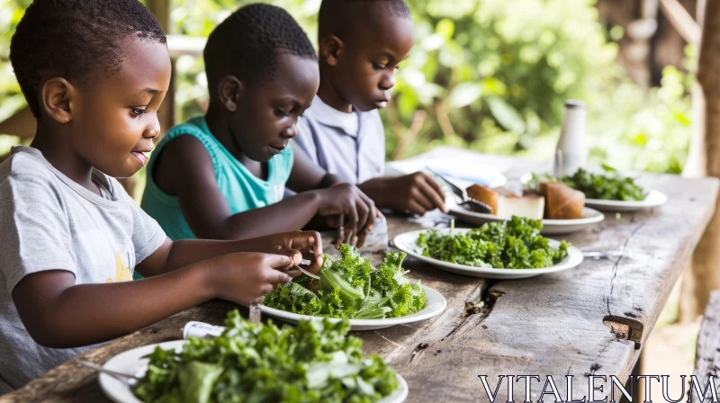 Glimpse into African Childhood: Three Children Enjoying a Meal AI Image