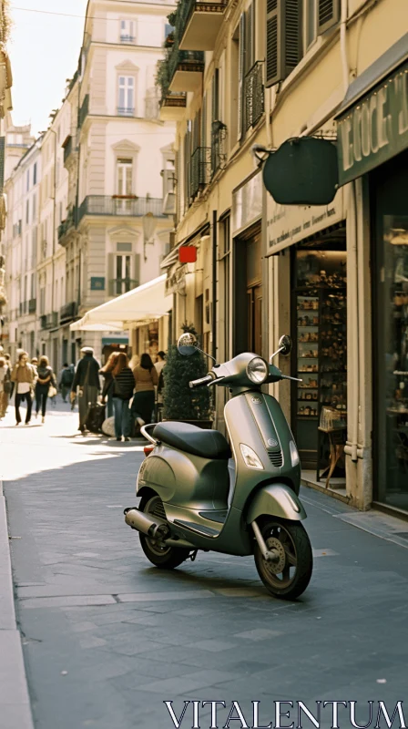 Grey Scooter on Brick Sidewalk | Elegant Cityscape | Consumerism Critique AI Image