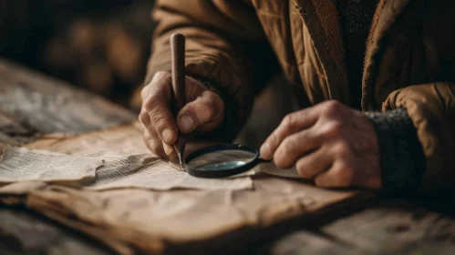 Intriguing Image of an Elderly Man Examining an Old Document