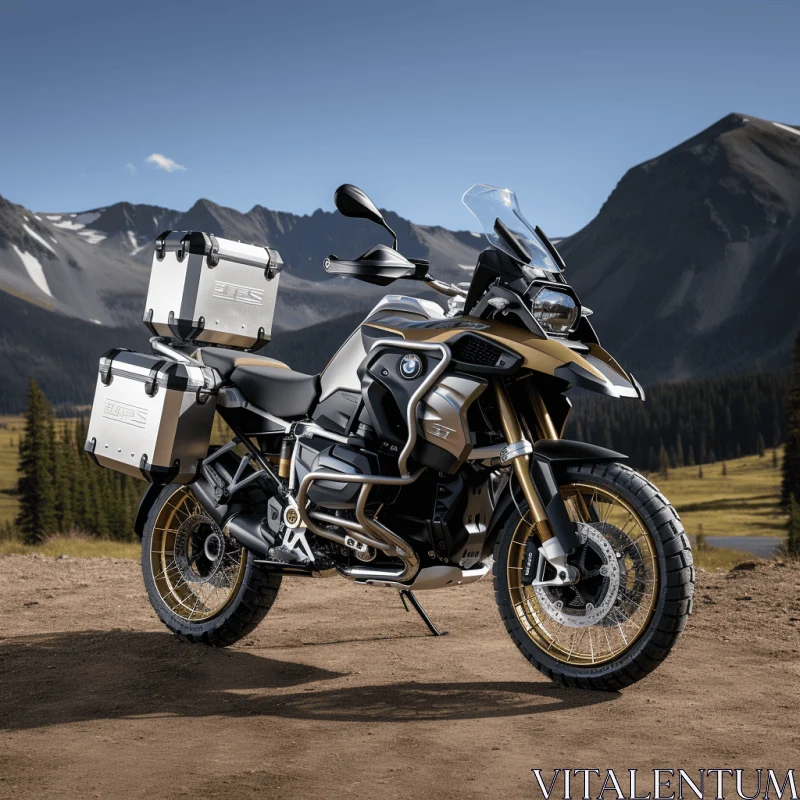 AI ART Luxurious BMW Motorcycle in Silver and Gold | Captivating Mountain Landscape