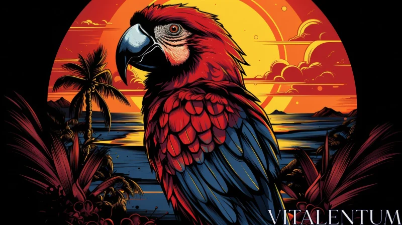Red Parrot Digital Painting at Sunset AI Image
