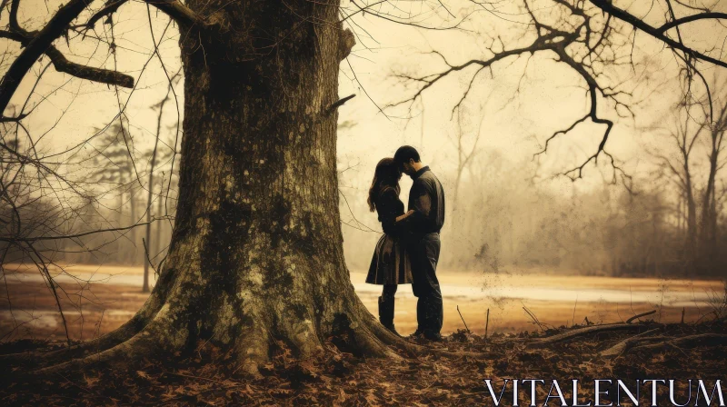Romantic Couple Embracing by Large Tree AI Image