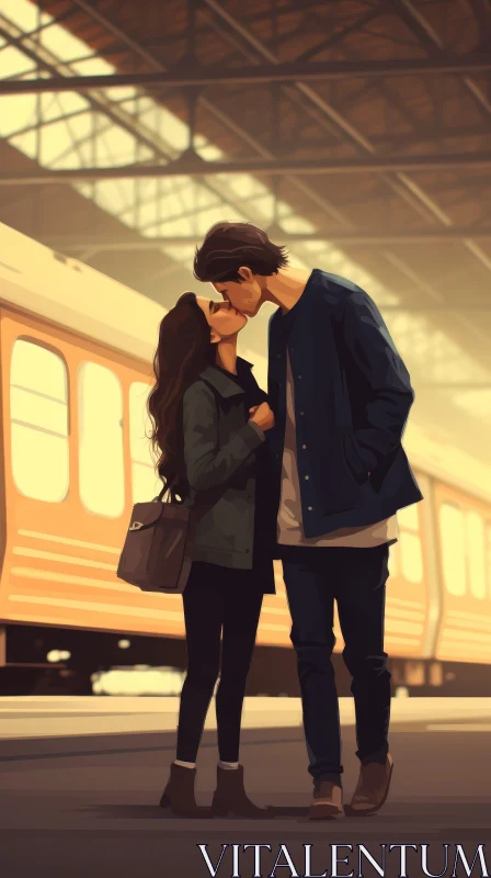 Romantic Kiss at Train Station AI Image