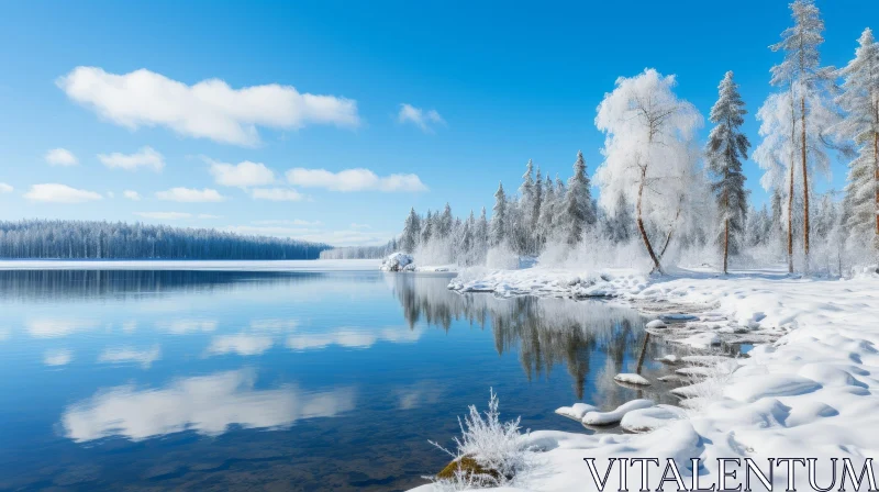 Winter Wonderland: Serene Landscape with Frozen Lake and Snow-Covered Trees AI Image