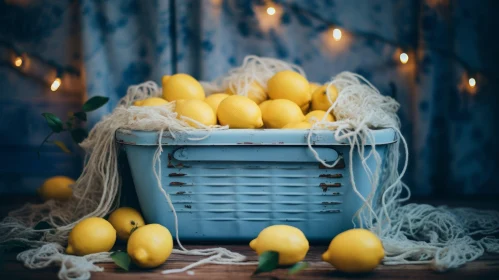 Blue Metal Basket with Lemons Still Life Composition