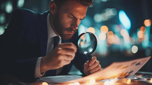 Businessman Examining Document at Desk | Mysterious Atmosphere