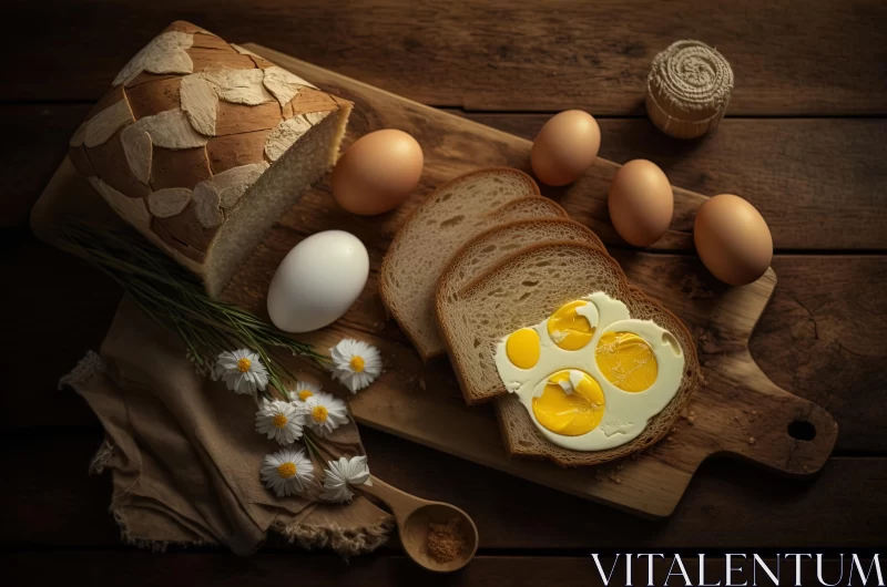 Captivating Composition of Eggs and Bread on a Wooden Board AI Image