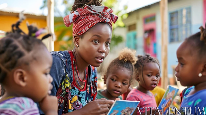 Captivating Storytelling: African Woman Reading to Children AI Image
