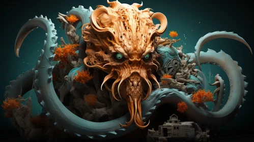 Cthulhu-like Creature 3D Rendering in Underwater Setting