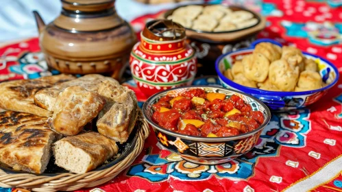 Delicious Traditional Uzbek Meal: A Feast of Flavors on a Colorful Tablecloth