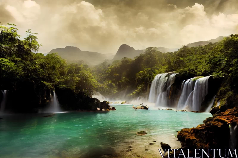 Enchanting Forest Waterfall: Traditional Vietnamese Fantasy Landscape AI Image