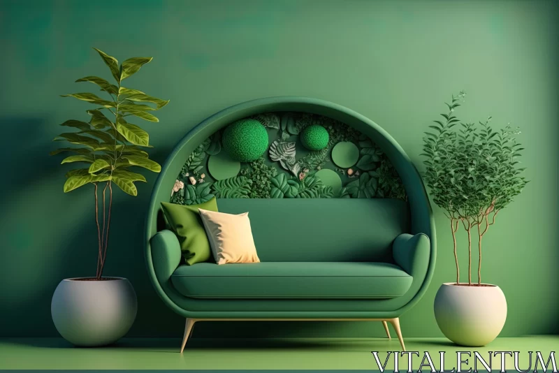 Green Sofa in Sunny Interior with Potted Plants - Whimsical Design AI Image
