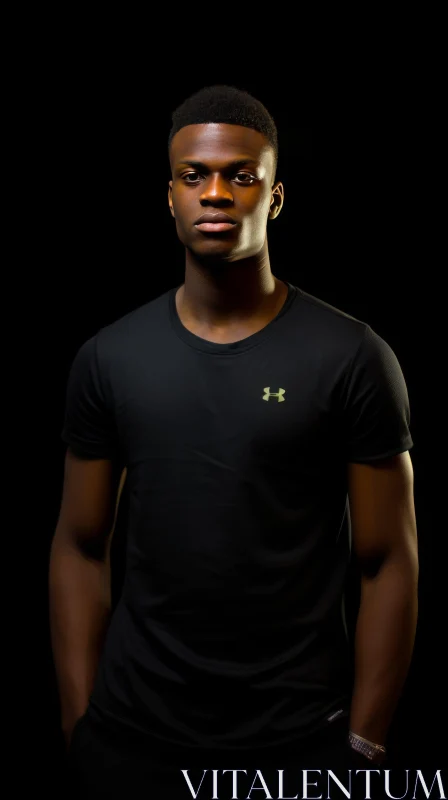 Intense Portrait of Young African-American Man in Black T-Shirt AI Image
