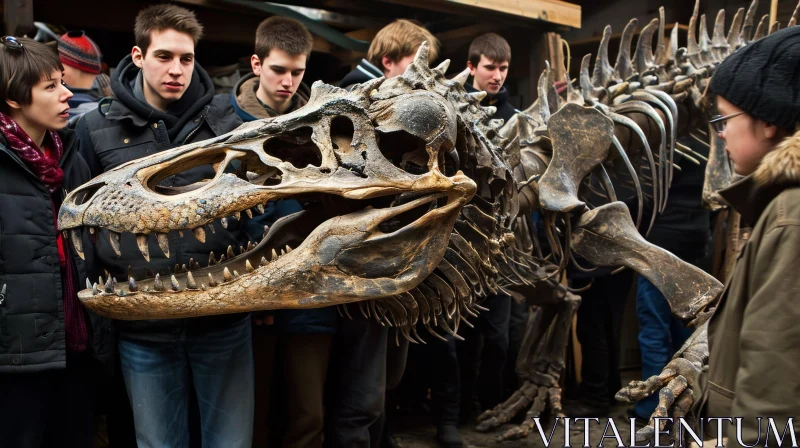 Intriguing Encounter: People Engrossed by a Majestic Dinosaur Skeleton AI Image