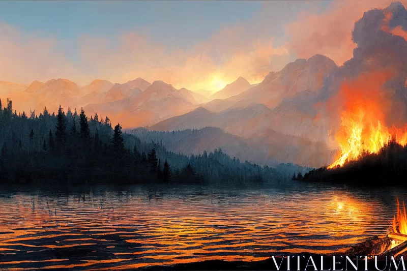 Mountain Lake Fire Painting | Realistic Hyper-Detailed Art AI Image