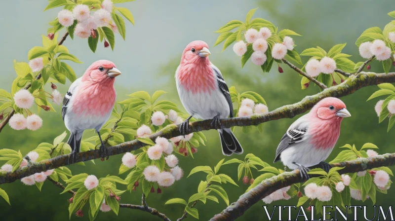 AI ART Pink Birds on Branch with Flowers: Nature's Beauty Captured