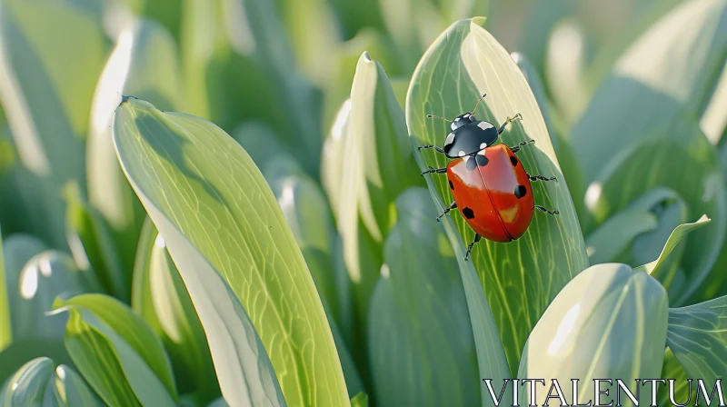 AI ART Red Ladybug on Green Leaf: Macro Nature Photography