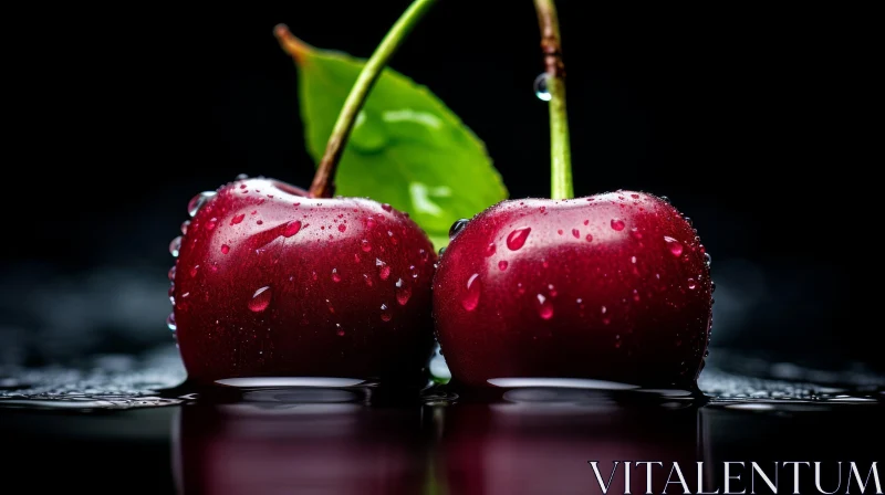 Ripe Cherries Close-up Photography on Reflective Surface AI Image