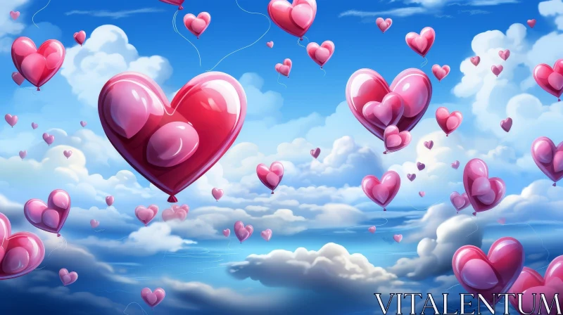 Romantic Pink Heart Balloons in Blue Sky AI Image