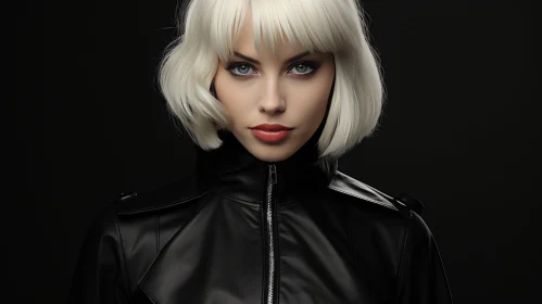 Serious Young Woman Portrait in Black Leather Jacket