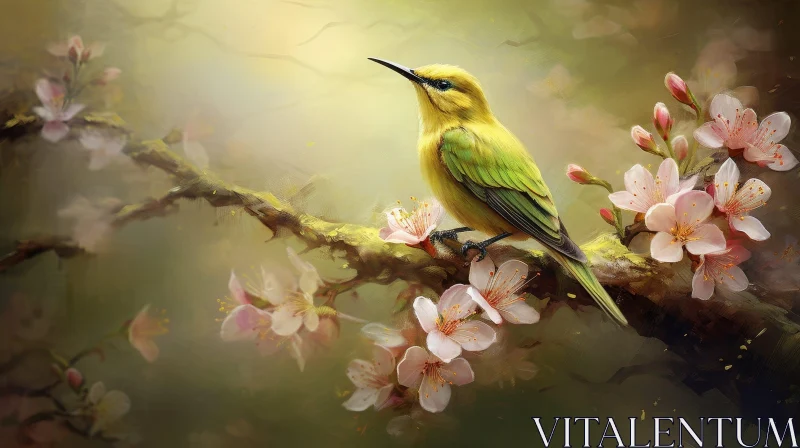AI ART Tranquil Bird on Cherry Blossom Tree Painting
