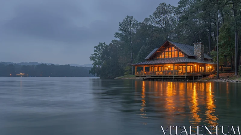 Tranquil Lakeside Cabin at Dusk AI Image