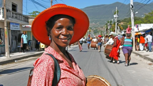 Vibrant Haitian Woman with Traditional Drum on Street
