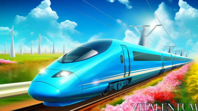 Blue and White High-Speed Train in Green Field AI Image