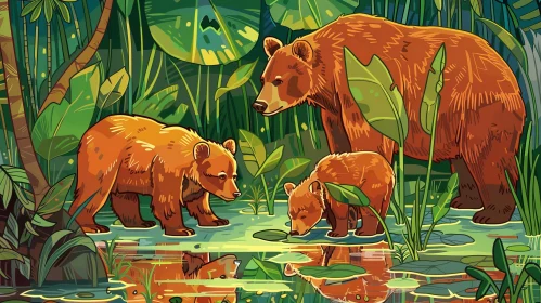 Family of Bears in Lush Green Forest