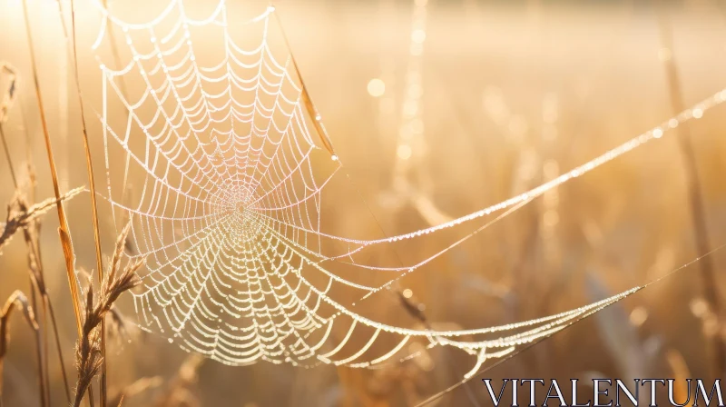 Golden Spider Web in Wheat Field - Nature Close-up AI Image