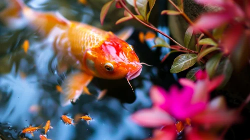 Graceful Orange and White Koi Fish Swimming in a Serene Pond