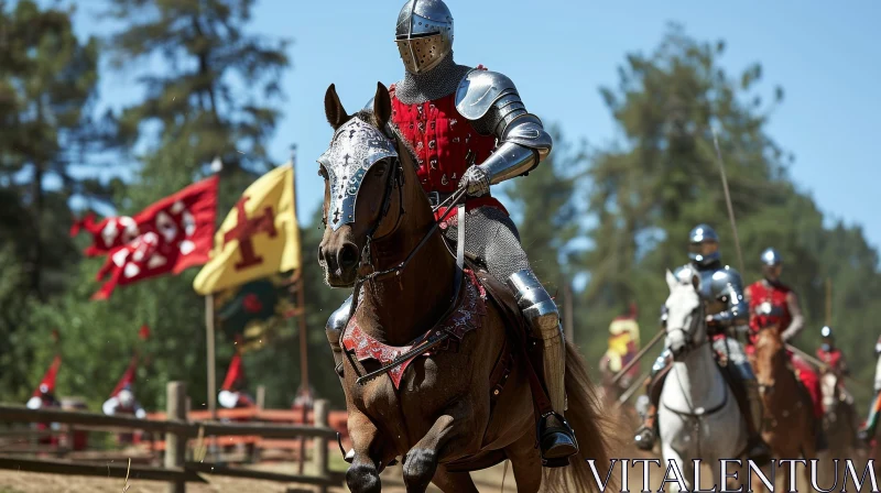 Knight in Medieval Armor Riding Through Field AI Image