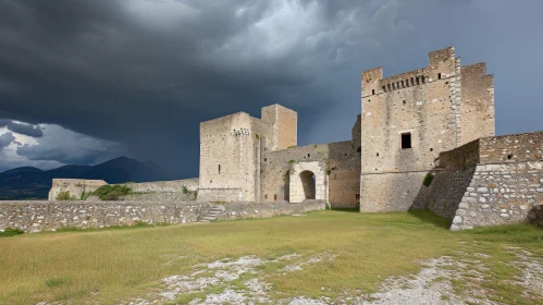 Majestic Ruins of an Ancient Castle Amidst Dark Storm Clouds