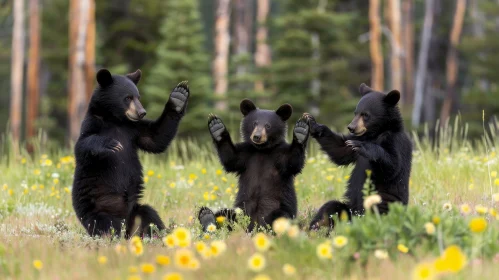 Playful Black Bear Cubs in Green Field