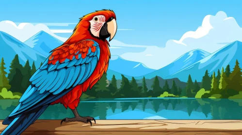 Red Parrot on Wooden Perch in Mountain Landscape