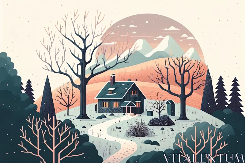 Serene Winter Countryside Landscape with Trees and House | Psychedelic Illustration AI Image